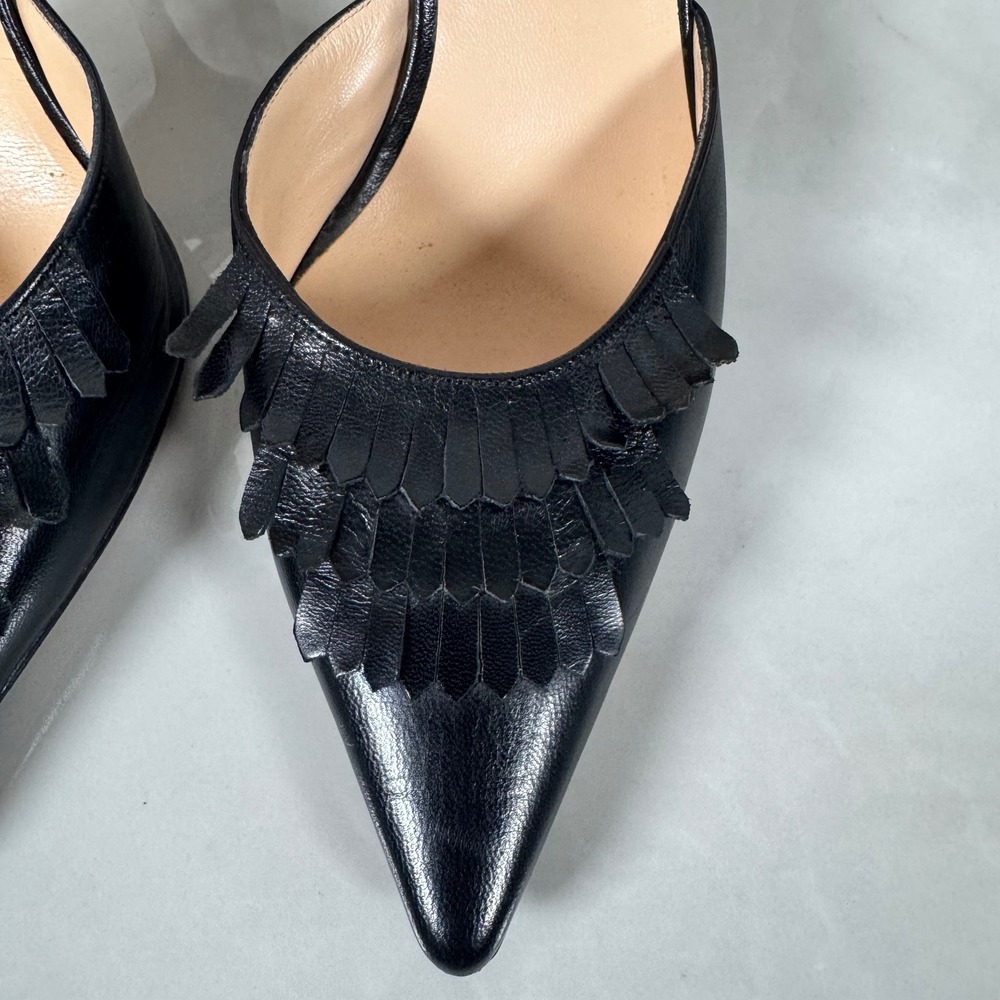 Cole Haan Collection Black Fringe Stiletto Heels Ankle Strap Pointed Toe Leather - Picture 3 of 15